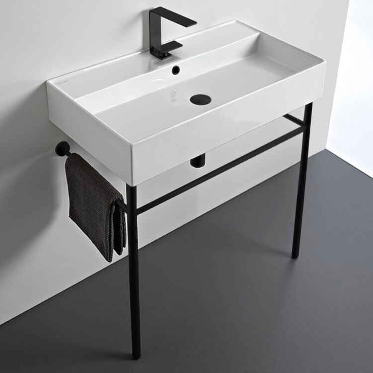 Bathroom Sink, Scarabeo 8031/R-80-CON-BLK-One Hole, Ceramic Console Sink and Matte Black Stand